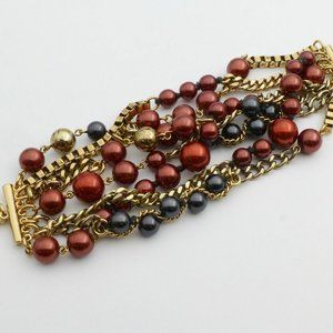 NEW Stella & Dot Gold-Tone Black Brown Faux Pearl 7-Chain Bracelet